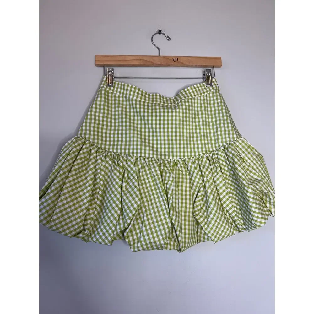 NWT Caroline Constas Lightweight Bubble Hem Mini Skirt Pistachio Gingham Size: S
